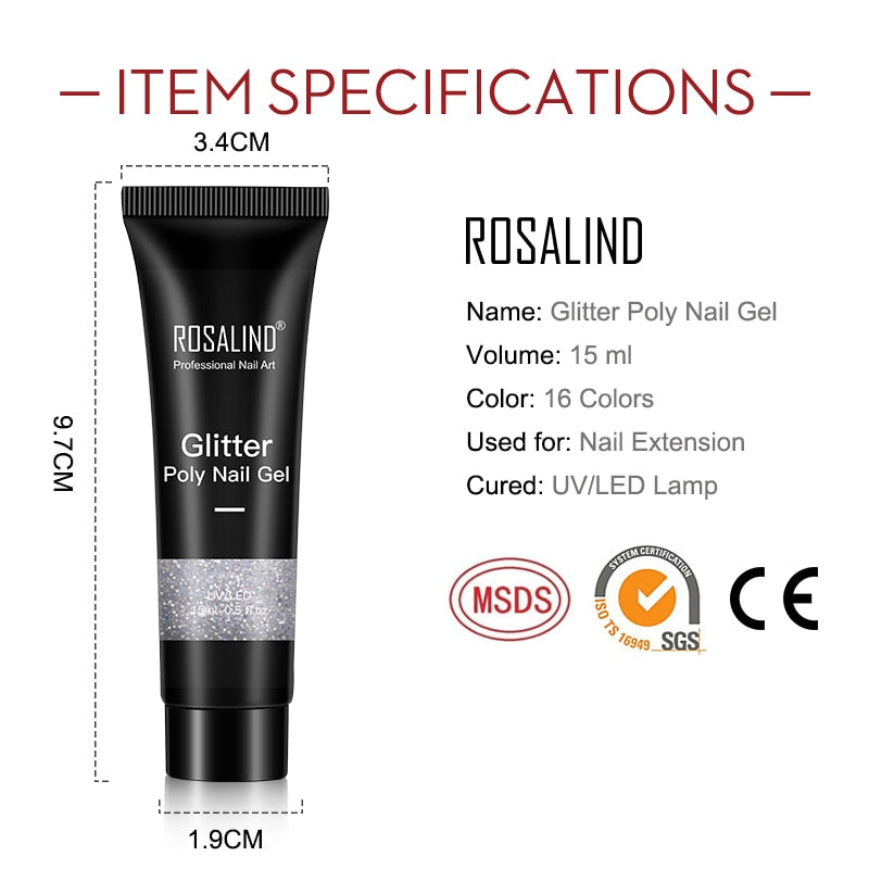ROSALIND Glitter Poly Nail Gel Extension 15ml Gel Polish All For Manicure Poly Builder Gel Semi Permanent Soak Off Nail Art